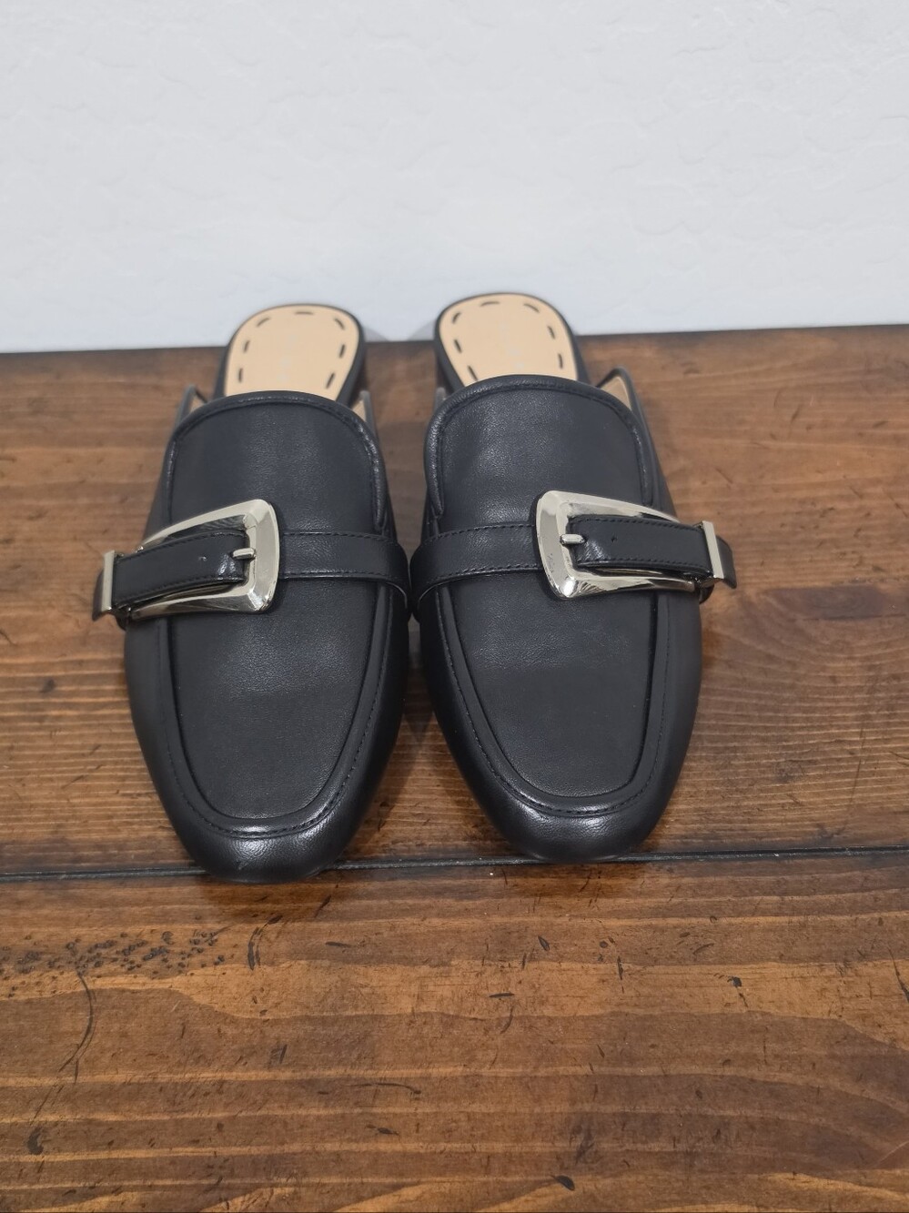 Alex Marie Black Slip-On Leather Loafers Mules Silver Buckle Women's Sz 7 NWT